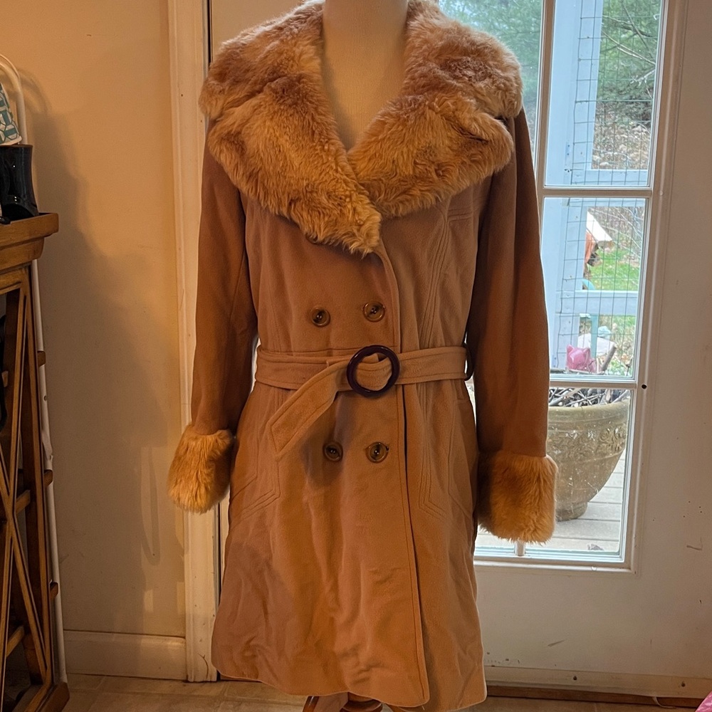 Vintage Faux Fur Collar Jacket Double Breasted, Tan Womens Small- Medium